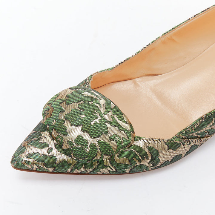 RUPERT SANDERSON Aga green gold brocade embellished pointy flats EU38