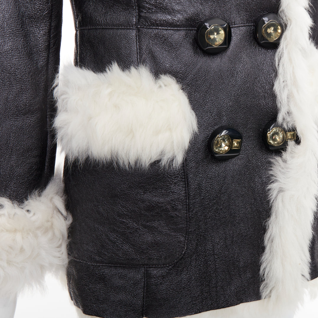 PRADA 2009 Vintage cream sheep fur black leather crystal buttons coat IT36 XXS