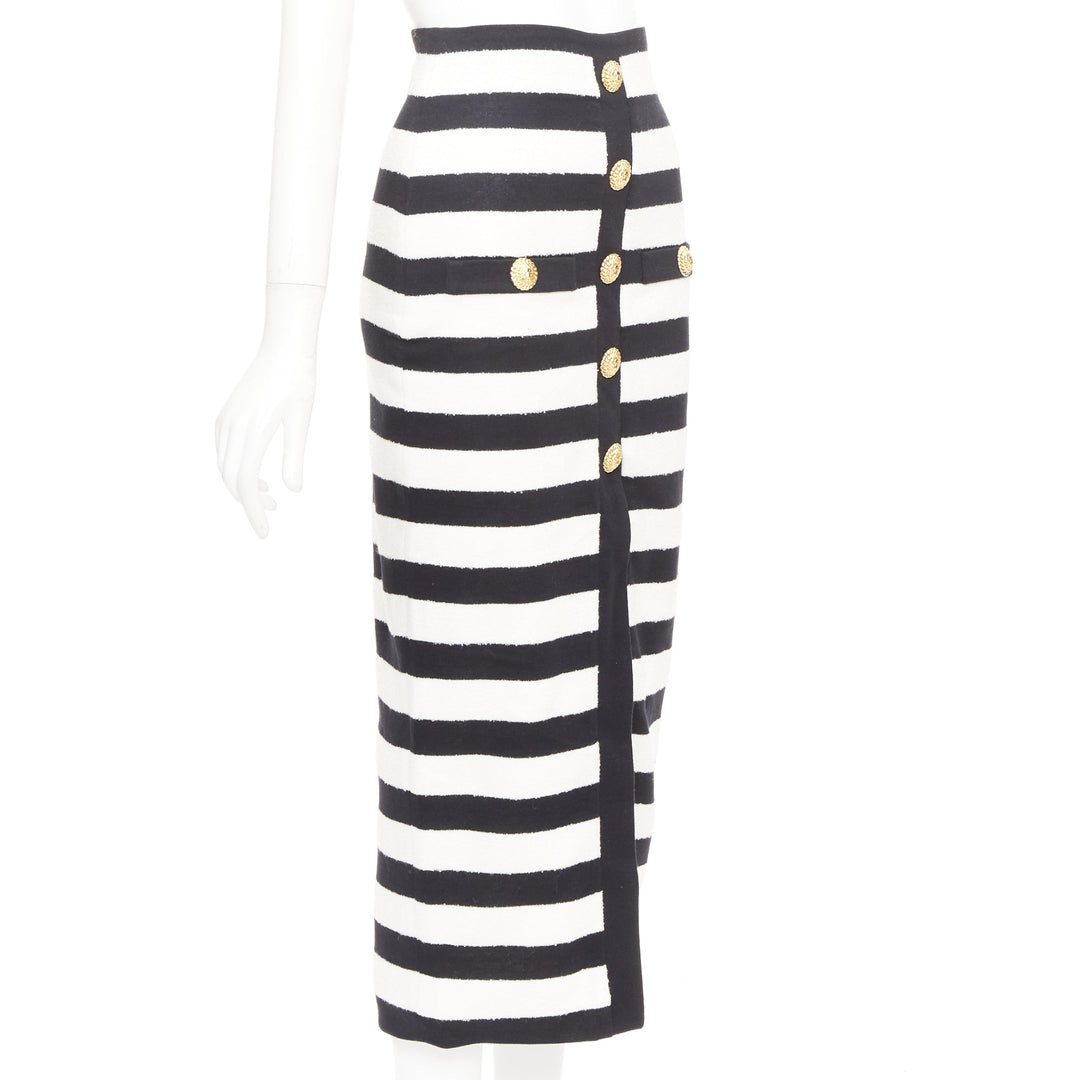 BALMAIN 2024 stripe two tone lion button front high waist knit  skirt FR34 XS