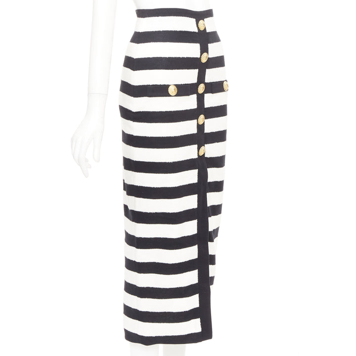 BALMAIN 2024 stripe two tone lion button front high waist knit  skirt FR34 XS
