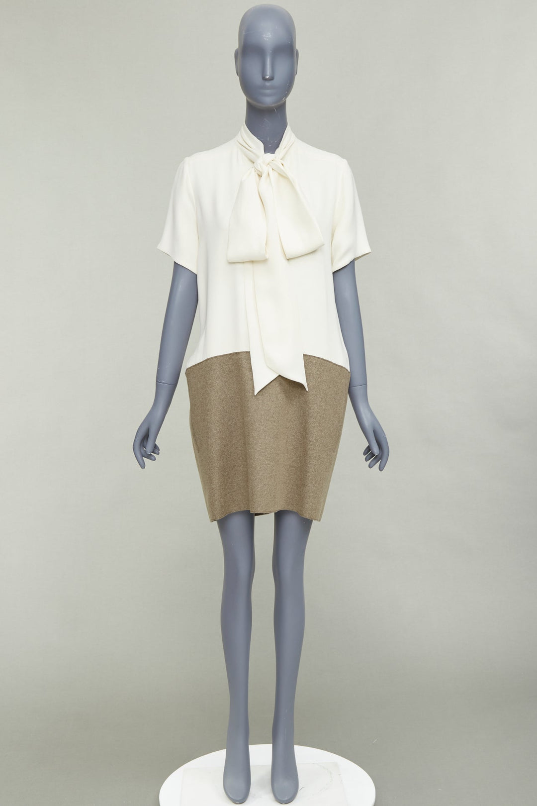 OLD CELINE Phoebe Philo cream taupe silk wool felt drop waist shirt dress FR38 M