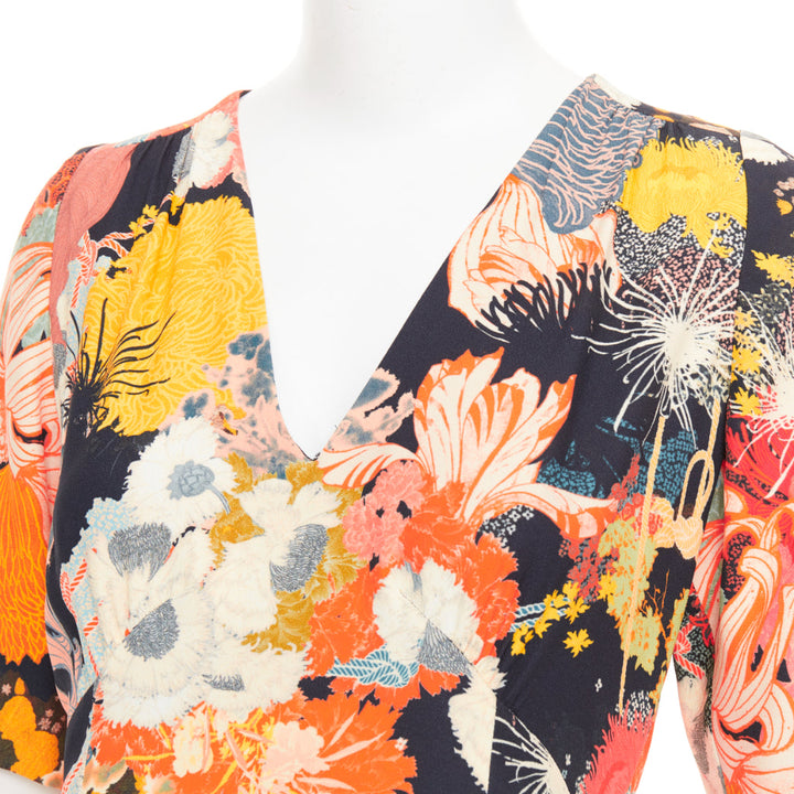 DRIES VAN NOTEN 2017 Runway orange yellow black floral Vneck midi dress FR36 S