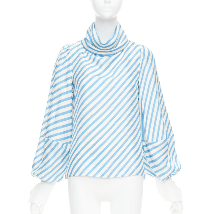 MONSE silk twill blue cream bias cut striped puff sleeve blouse US2 S