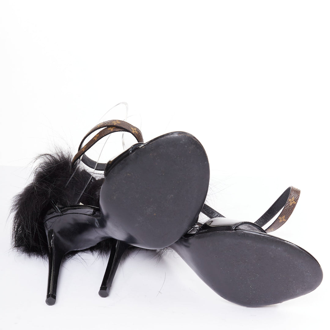 rare LOUIS VUITTON Call Back black patent fur trim LV ankle strap heels EU38.5
