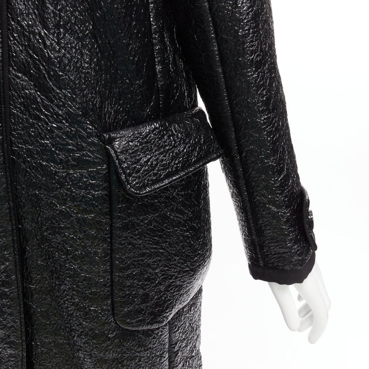 MONCLER pink tibet lamb fur black patent cotton virgin wool blend coat Sz1 M