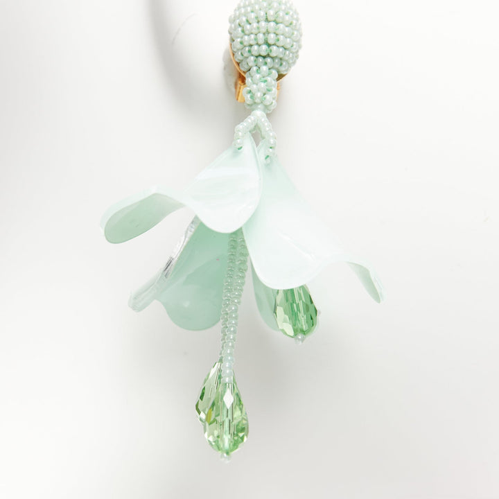 OSCAR DE LA RENTA mint green beaded acrylic flower clip on earrings pair