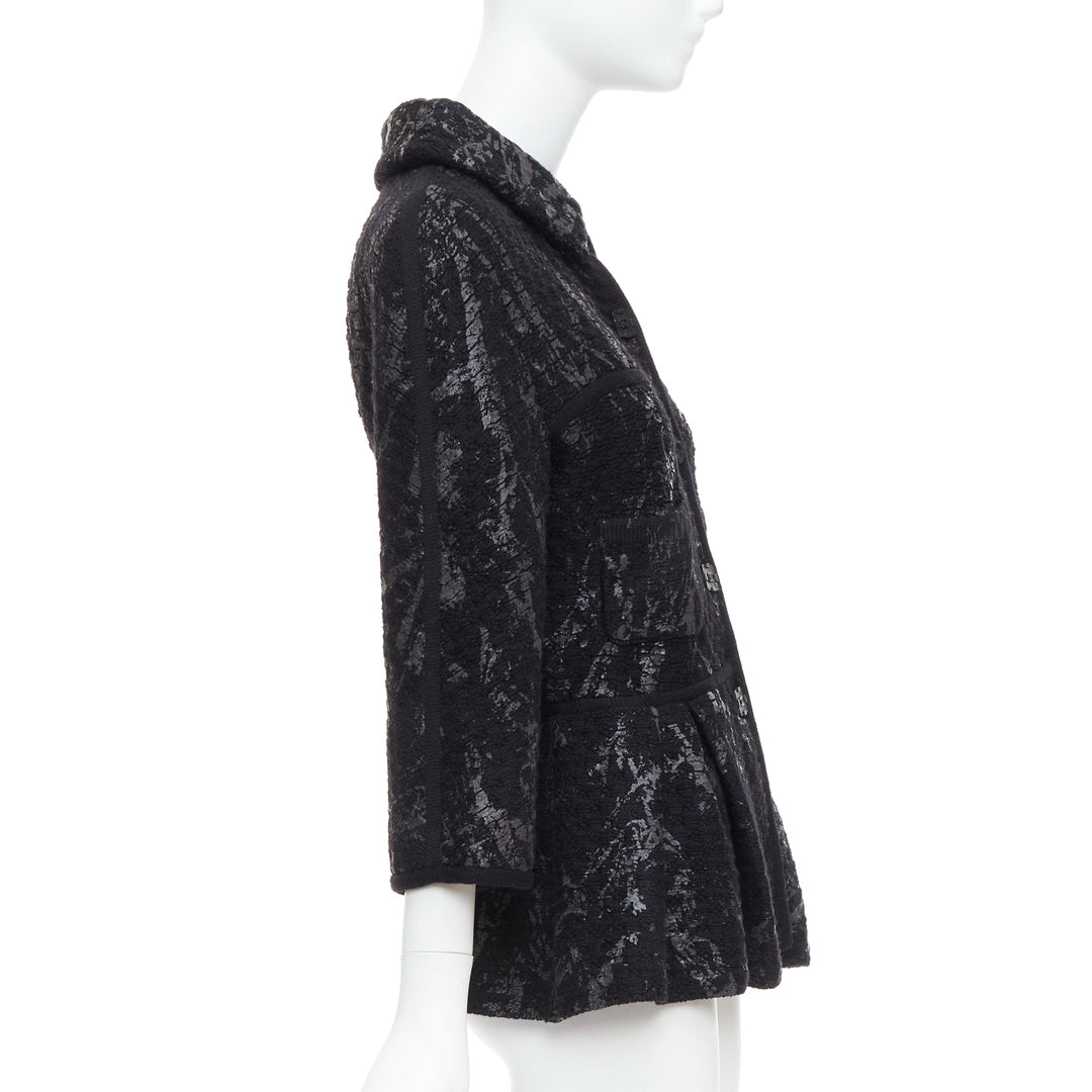 CHANEL 11A grey black painted tweed CC square buttons peplum coat FR38 M