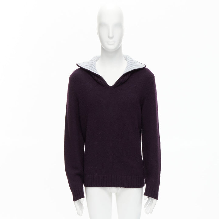 HERMES 100% cashmere dark purple contrasting baby blue collar pullover sweater M
