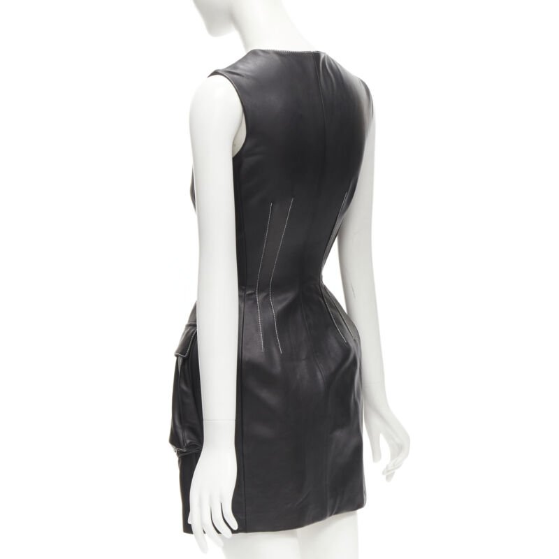 DAVID KOMA black lamb leather white overstitch padded hip dress UK6 XS