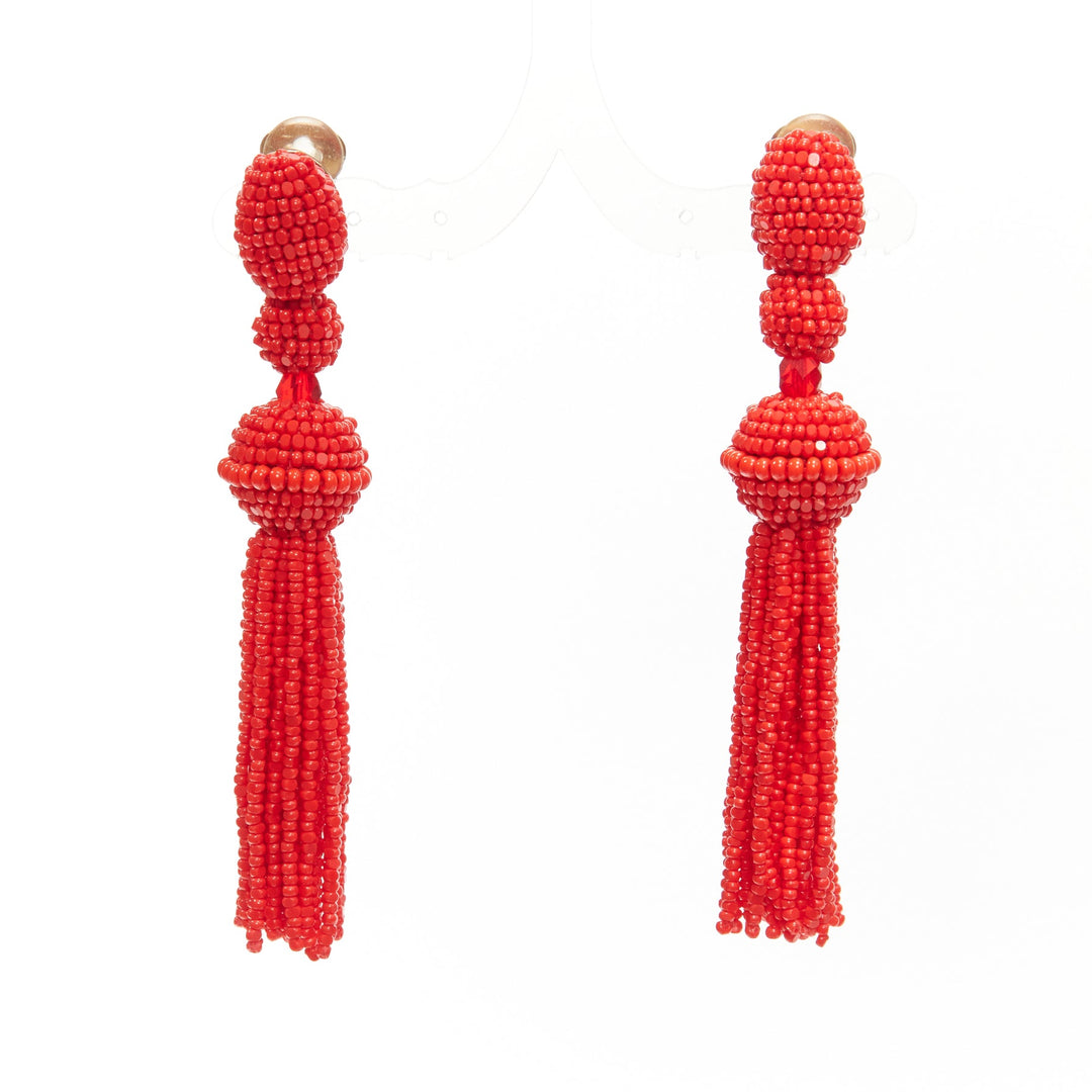 OSCAR DE LA RENTA red beaded tassel dangling chandelier clip on earrings pair