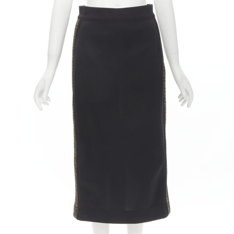 FENDI black brown FF Zucca monogram trim knee length skirt IT42 M