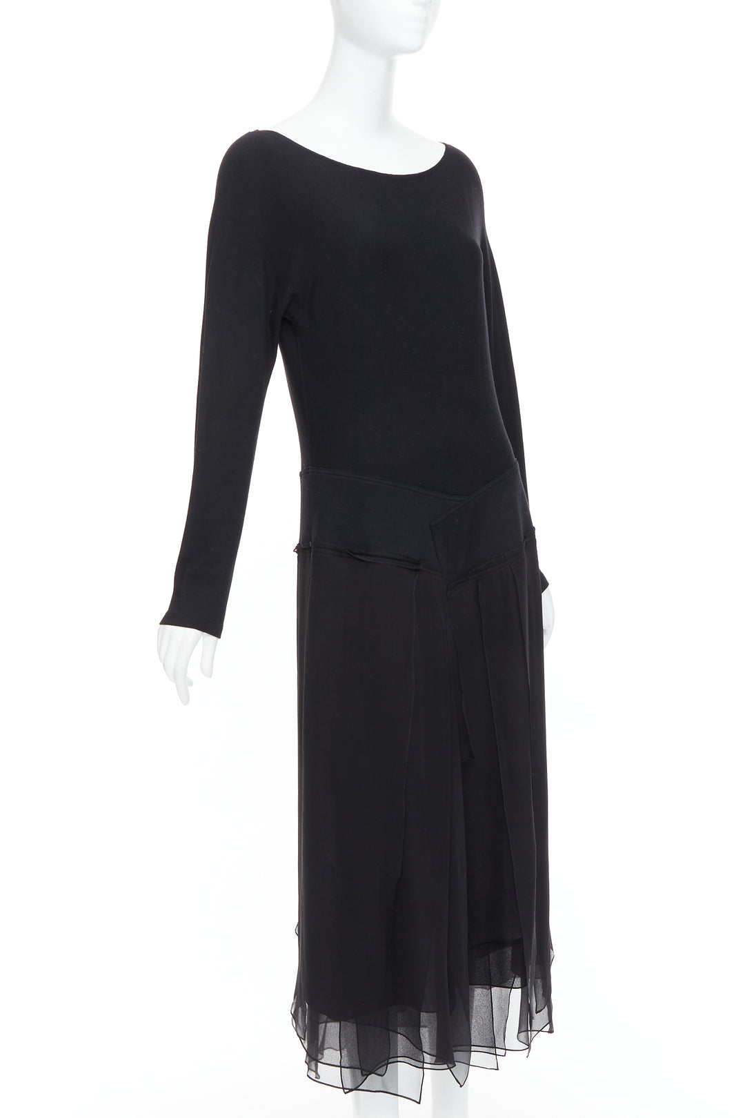 DONNA KARAN Vintage black silk trimmed viscose wool boxy midi dress L