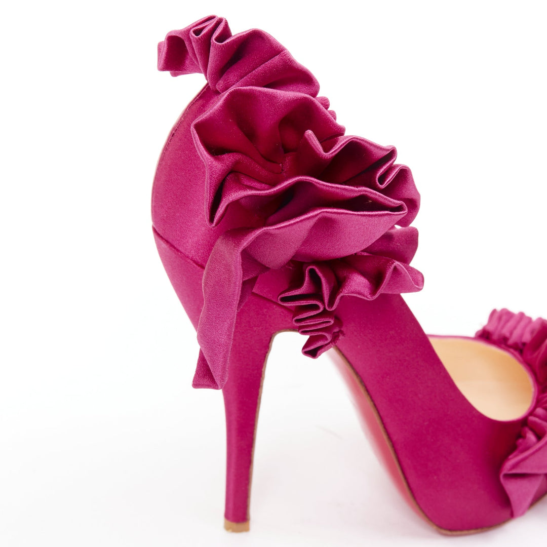 CHRISTIAN LOUBOUTIN Escandria 120 Satin cranberry pink ruffle platform EU37.5