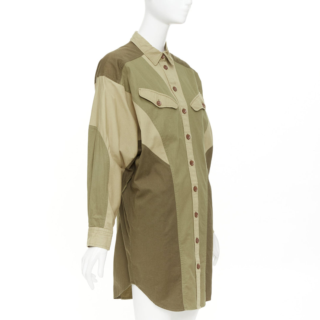 ISABEL MARANT ETOILE khaki green cotton patchwork batwing shirt dress FR36 S