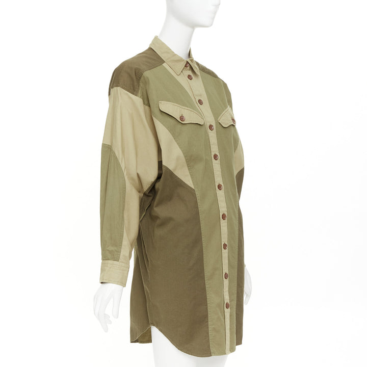 ISABEL MARANT ETOILE khaki green cotton patchwork batwing shirt dress FR36 S