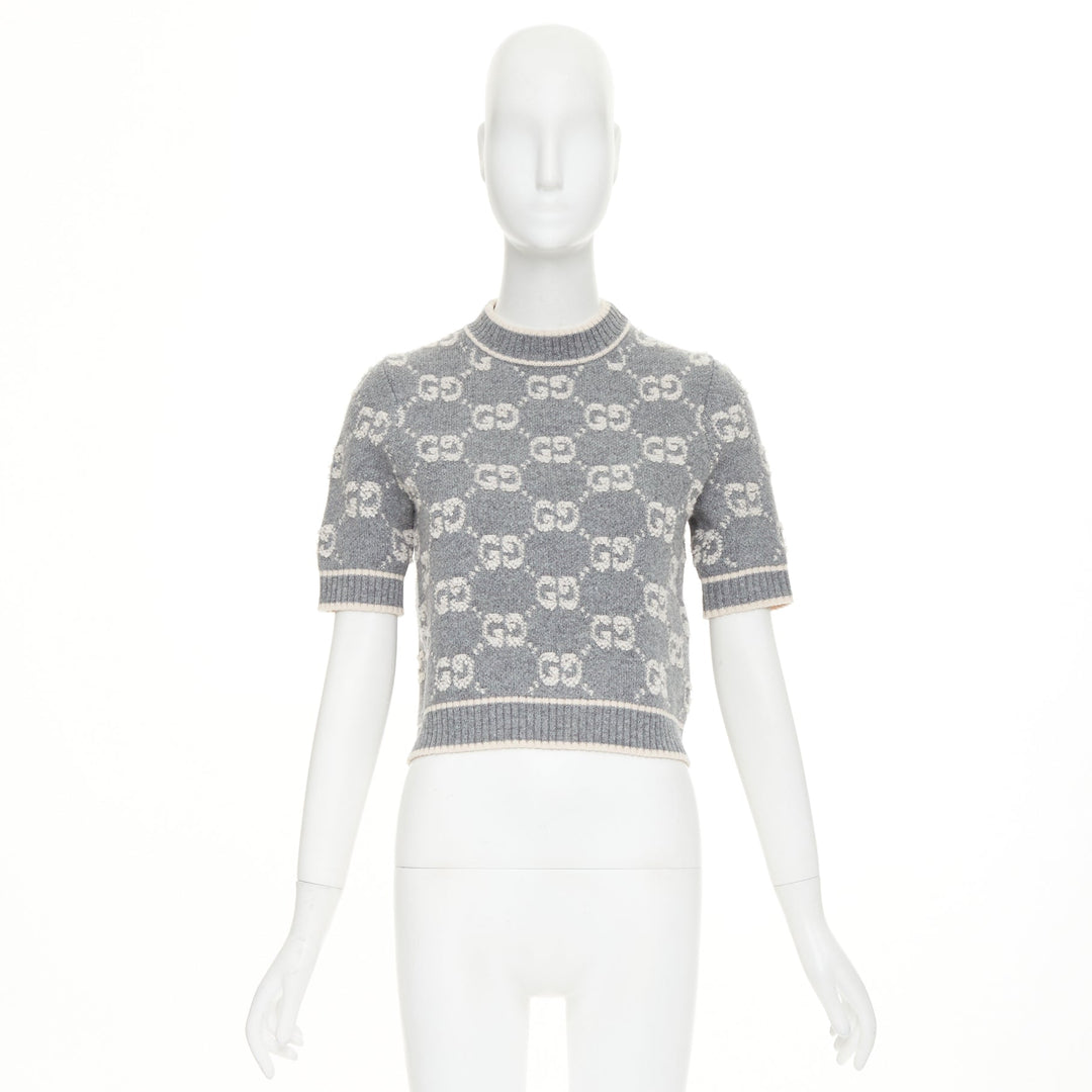 GUCCI grey pale pink wool GG monogram intarsia boucle crop sweater XS