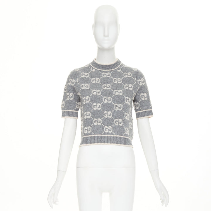 GUCCI grey pale pink wool GG monogram intarsia boucle crop sweater XS