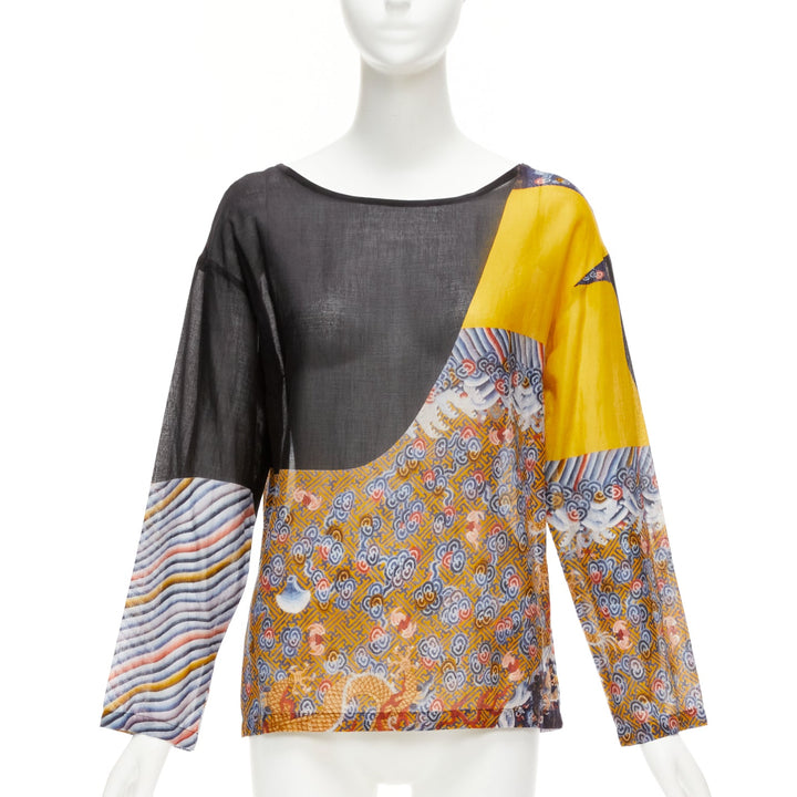 DRIES VAN NOTEN yellow black cotton oriental print boxy long sleeve top FR38 M