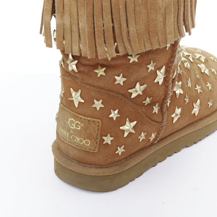 JIMMY CHOO UGG brown suede gold star embellished fringe trim snow boots EU36