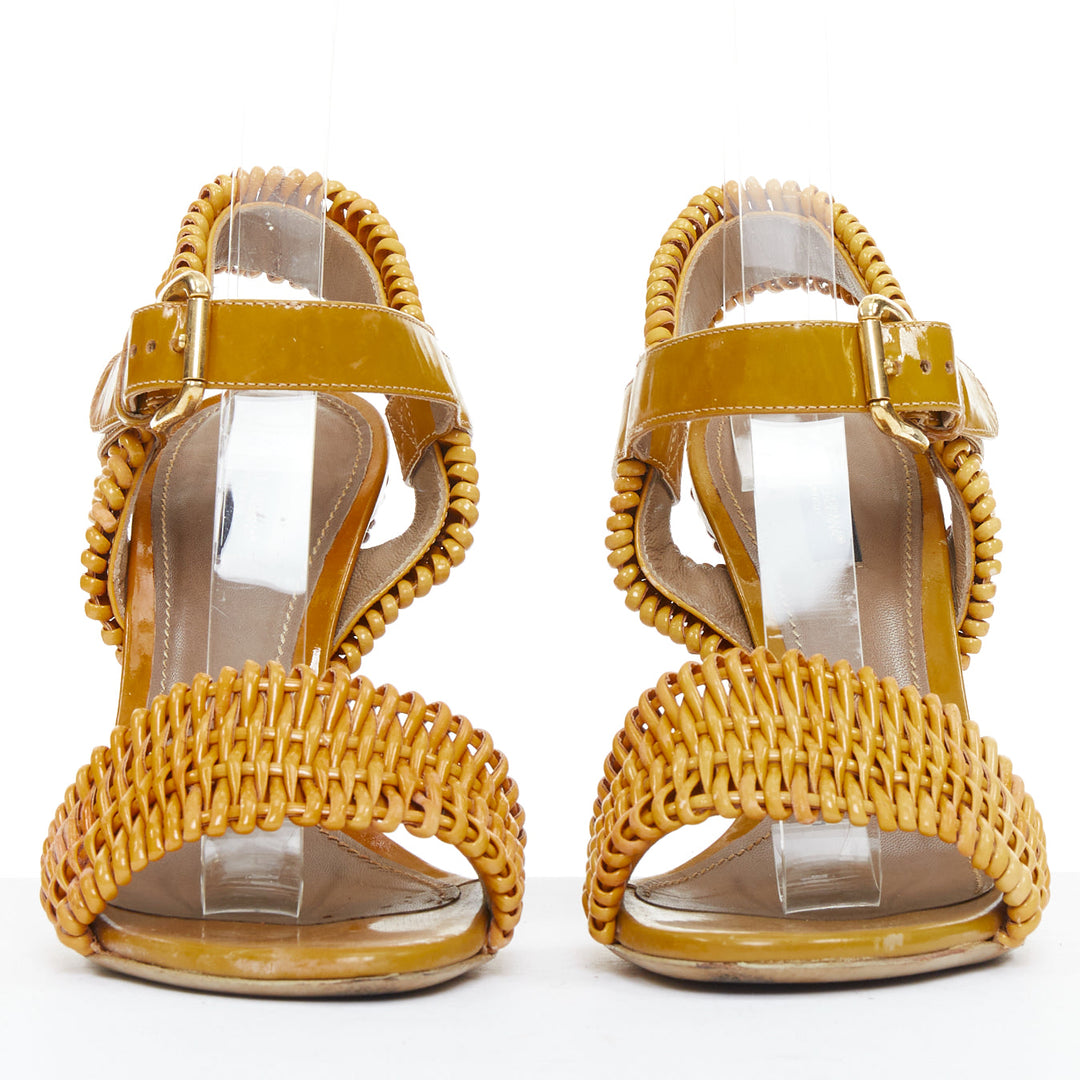 DOLCE GABBANA brown patent leather wicker weave high heel sandal heels EU37
