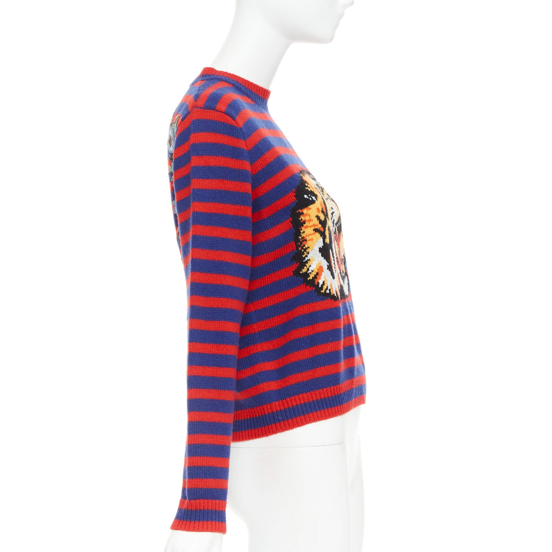 GUCCI 2017 Runway wool red blue stripe Tiger Head intarsia crew sweater XS