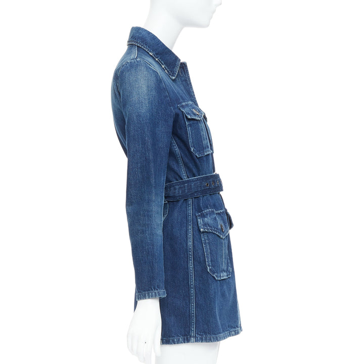 SAINT LAURENT Saharienne blue indigo washed denim belted safari shirt dress