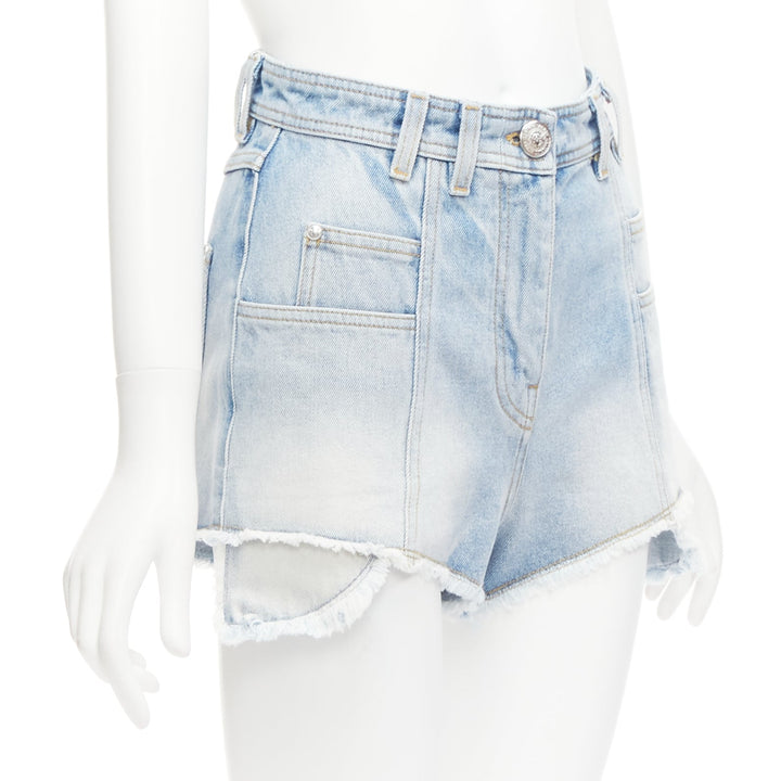 BALMAIN blue washed cotton denim panel pockets cut cutaway cargo shorts FR36 S