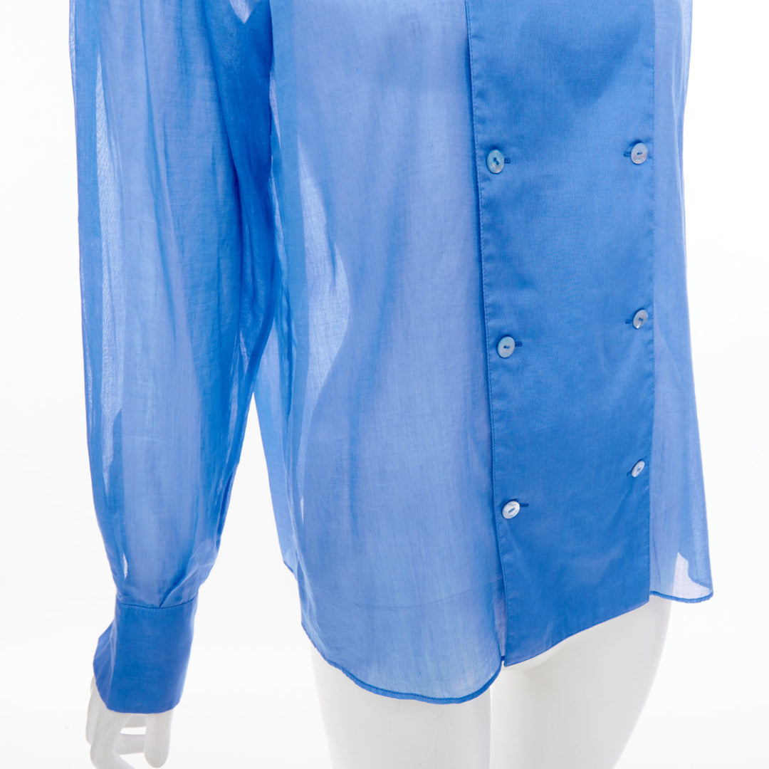 CHANEL sheer panel blue cotton double breasted epaulet button shirt FR38 M