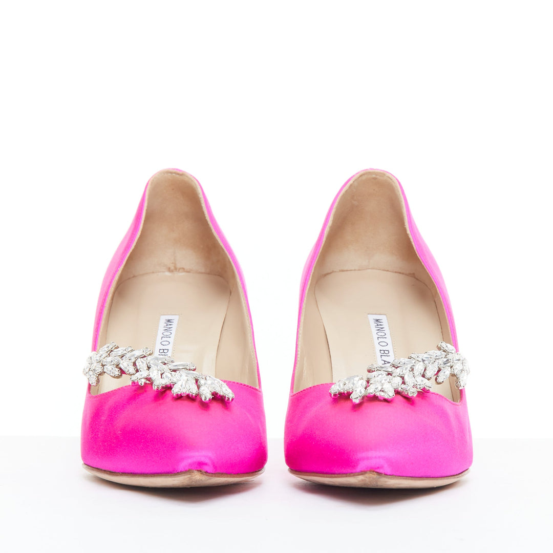 MANOLO BLAHNIK Nadira 75 hot pink satin silver crystal mid pumps EU39