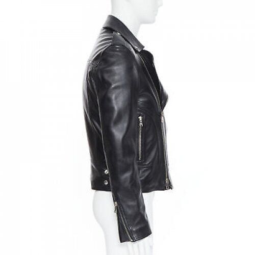 BALMAIN black lambskin padded Perfecto moto biker leather jacket EU50 L