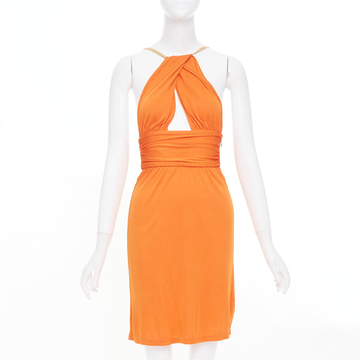 CELINE Vintage orange gold leather trim halter viscose apparel dress FR36 S