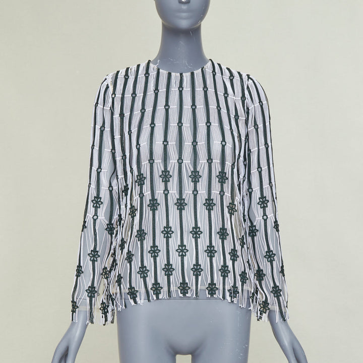 DIOR 2016 black white striped floral embroidered lace fringe blouse top FR36 S