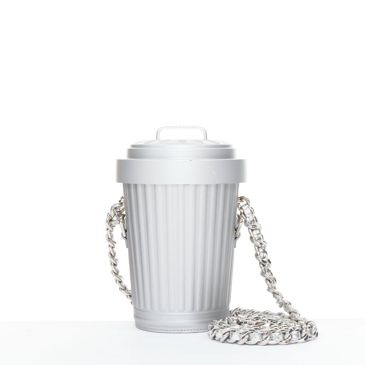 rare MOSCHINO 2017 Jeremy Scott Trash Can metallic silver chain crossbody bag