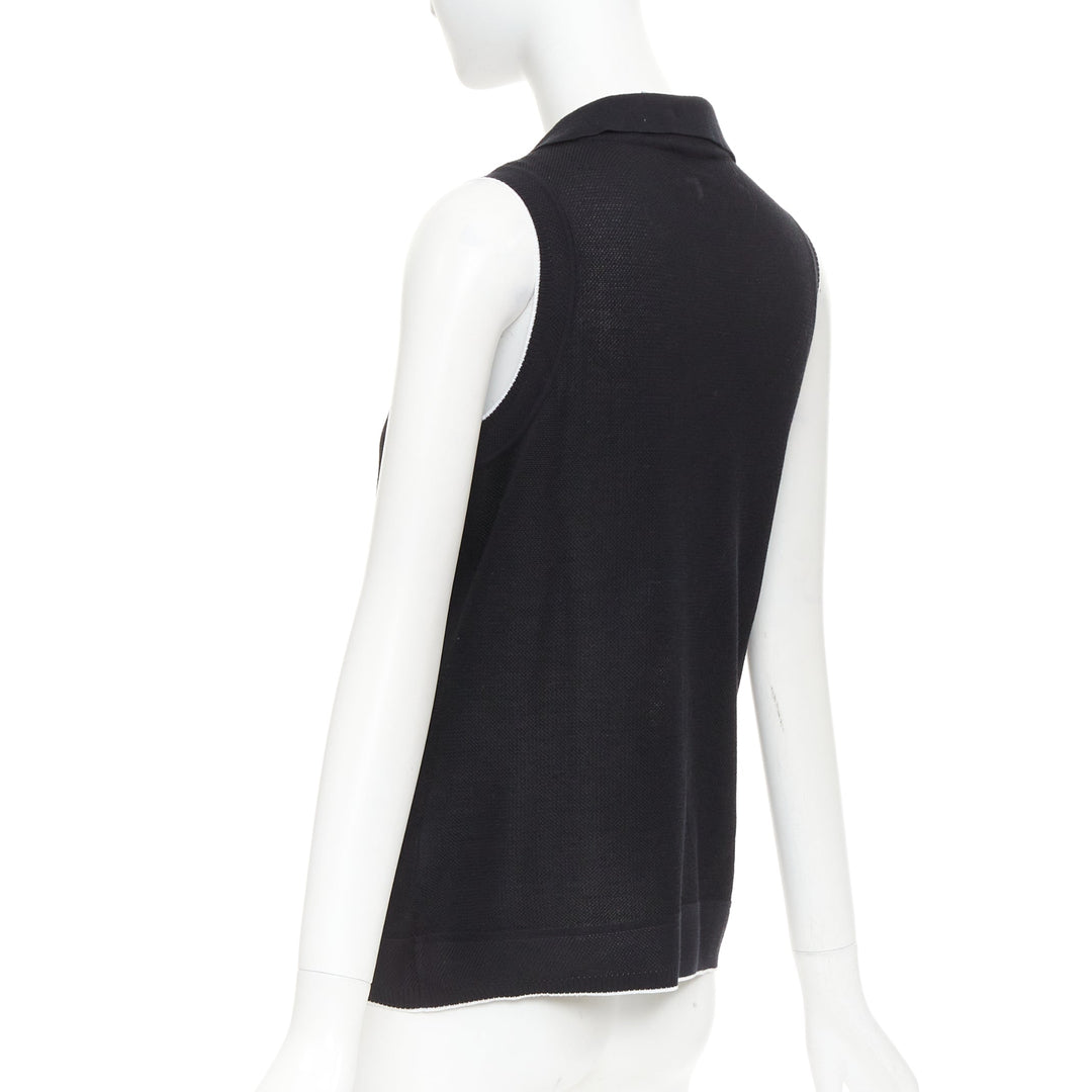 CHANEL 2001 Vintage black CC logo sleeveless white trim knit polo top FR40 L