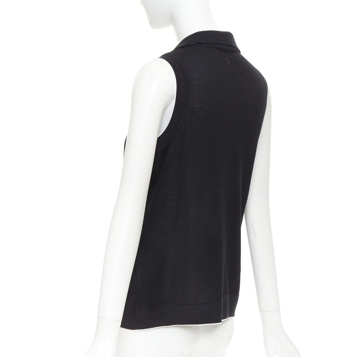 CHANEL 2001 Vintage black CC logo sleeveless white trim knit polo top FR40 L