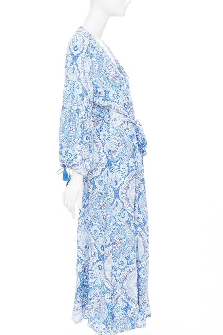 MELISSA ODABASH Gabby blue white floral paisley print viscose  kaftan dress S