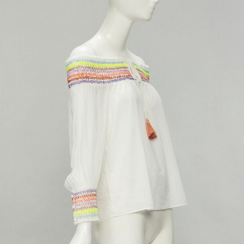 ALICE OLIVIA white cotton neon braid embroidery off shoulder top S