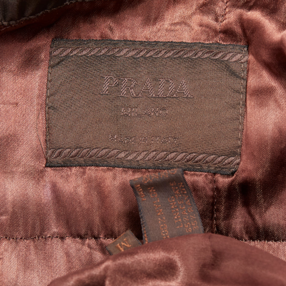 PRADA brown low sheen nylon double breasted short trench coat