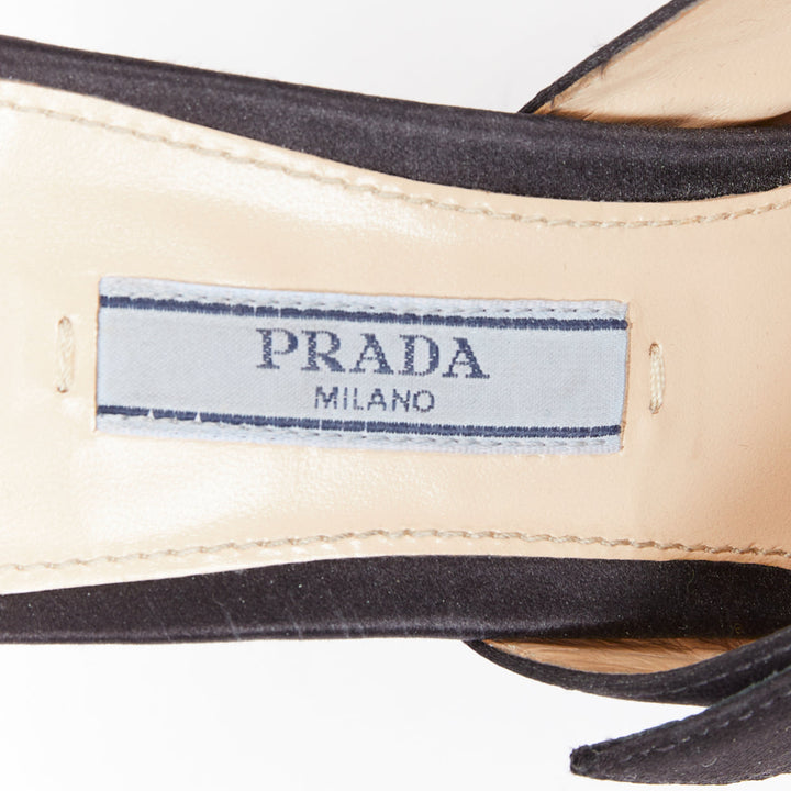 PRADA black satin green clear crystal buckle open toes muled sandals EU36.5