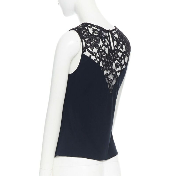 CHANEL navy blue 100% cotton illusion neckline black lace sleeveless top FR36