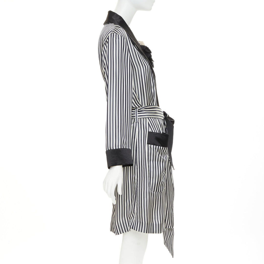 LANVIN grey black striped viscose floral applique belted robe outerwear FR34 XS