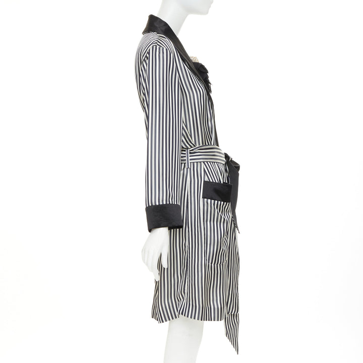 LANVIN grey black striped viscose floral applique belted robe outerwear FR34 XS