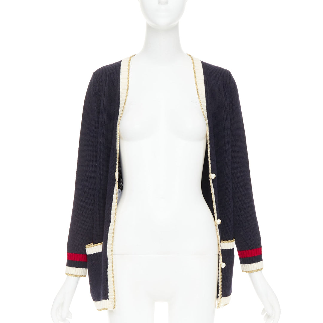GUCCI Alessandro Michele navy cotton blend web pearl button cardigan XS