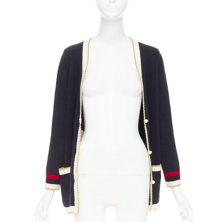GUCCI Alessandro Michele navy cotton blend web pearl button cardigan XS