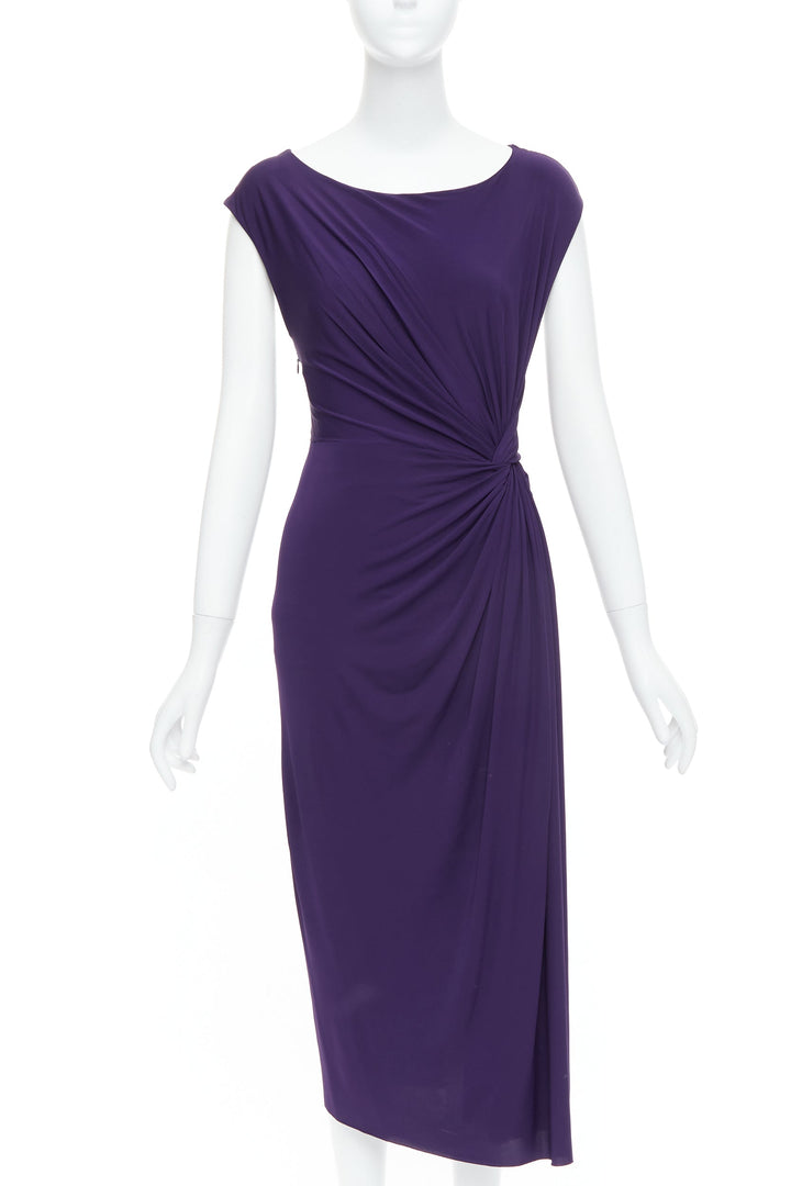 DONNA KARAN purple draped side knot criss cross back grecian dress L