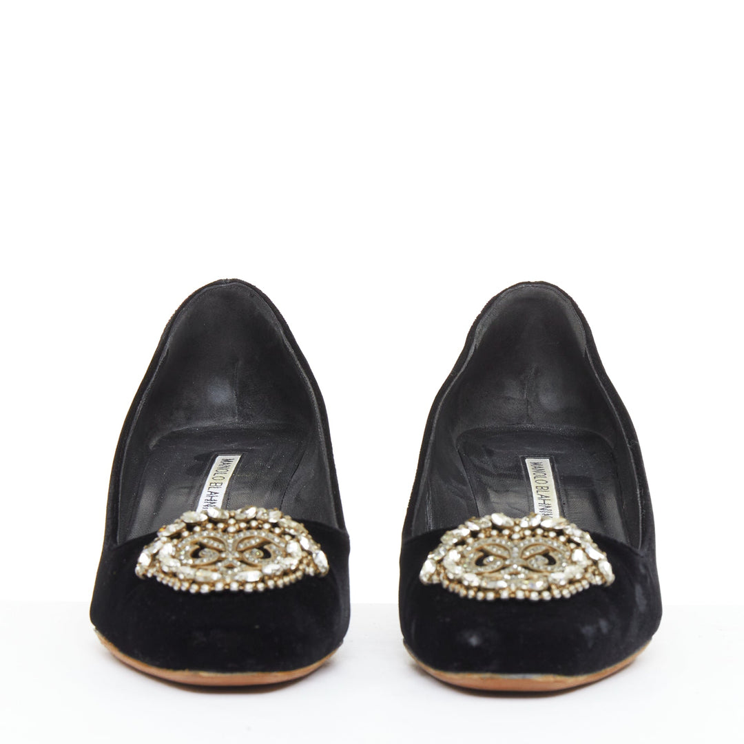 MANOLO BLAHNIK Okkato black velvet crysta jewell buckle pump EU39