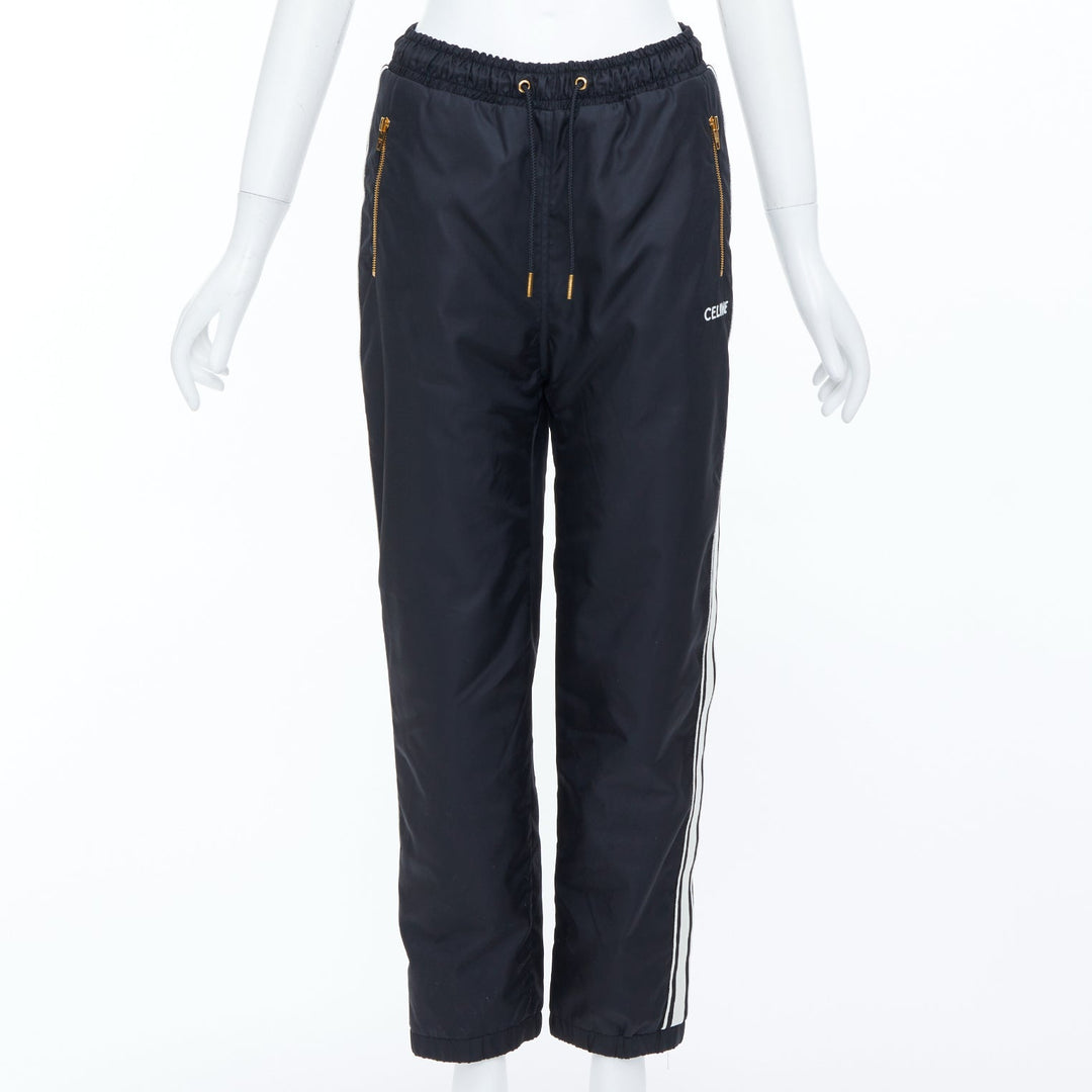 CELINE black nylon side stripe embroidered logo drawstring track pants FR36 S