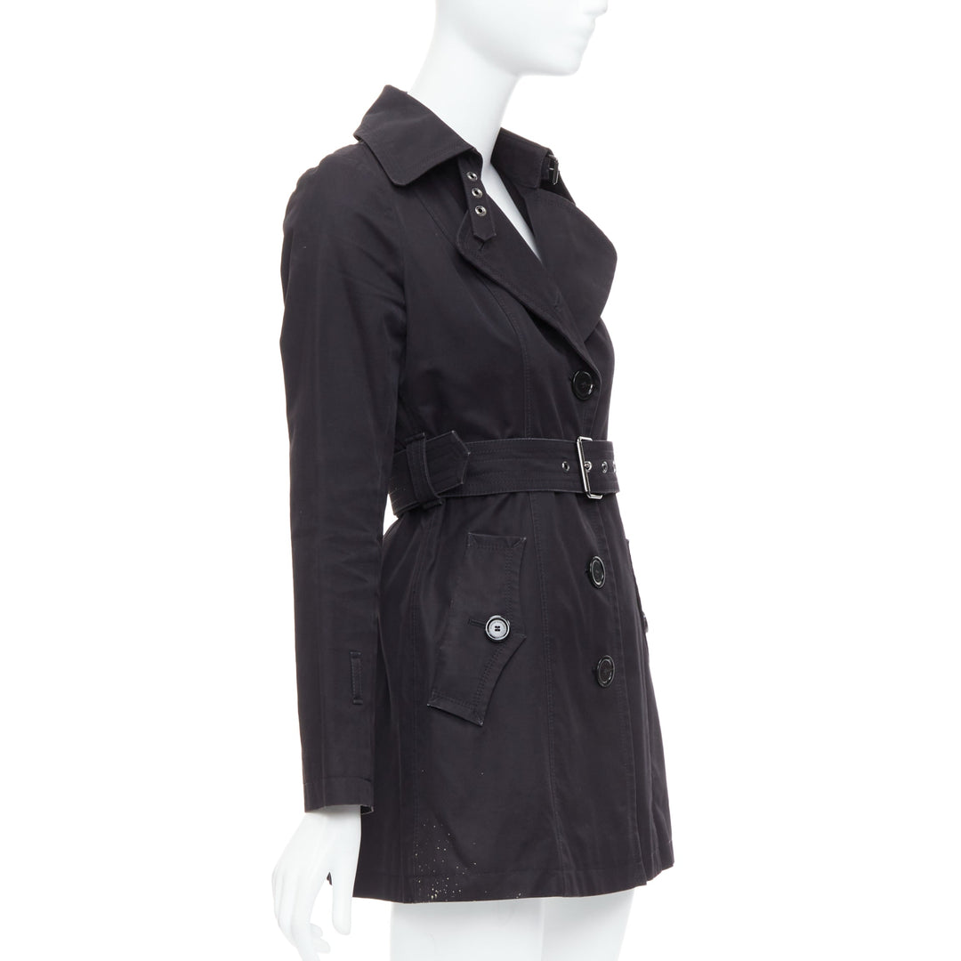 BURBERRY Blue Label black wool silver grommet belted short trench coat IT38 XS