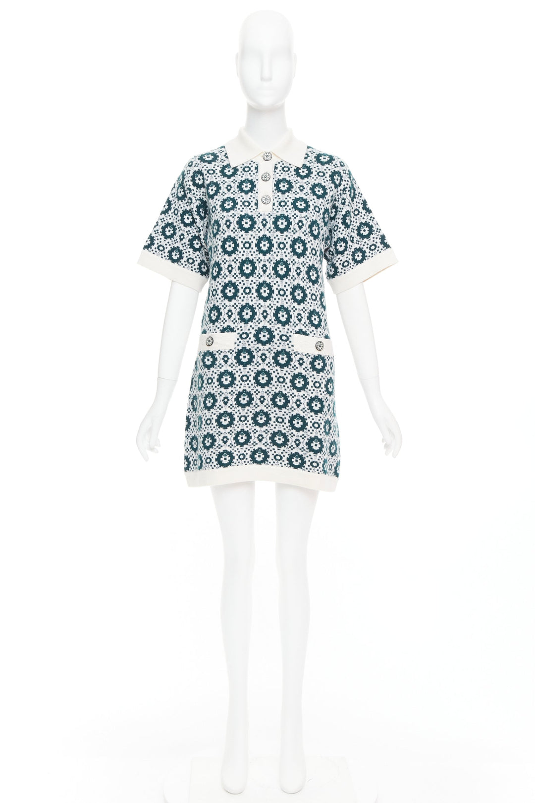 CHANEL 2016 100% cashmere knit green mosaic CC button polo dress FR38 M