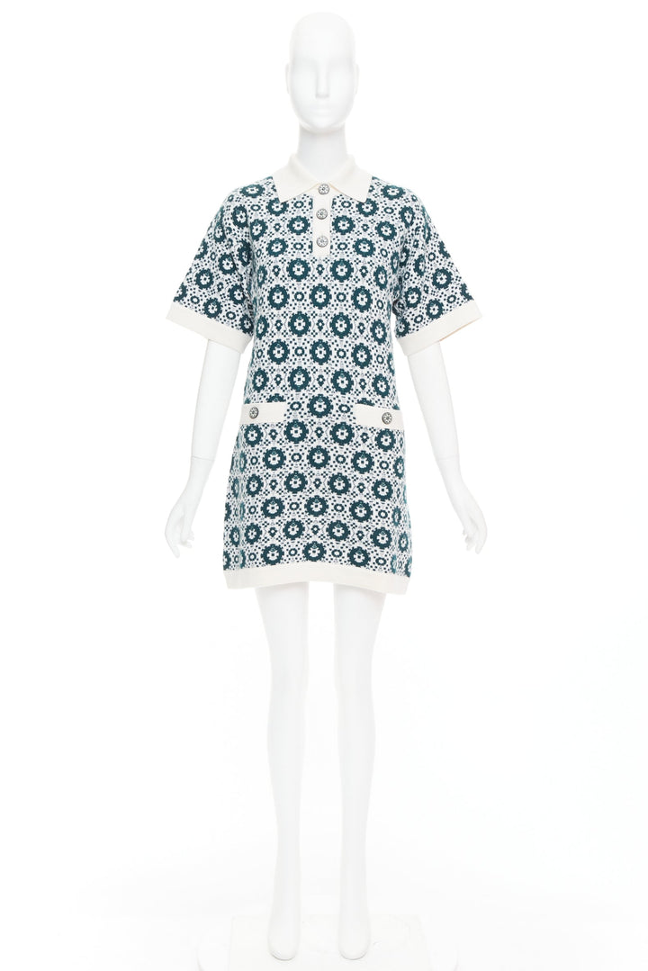 CHANEL 2016 100% cashmere knit green mosaic CC button polo dress FR38 M